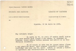 [Carta] 1933 jul. 19, Ginebra, [Suiza] [a] Sta. Gabriela Mistral, Villa Mirabel, Santurce, Puerto Rico