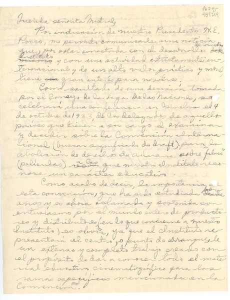 [Carta] [1933?], [Italia] [a la] Querida señorita [Gabriela] Mistral