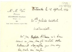 [Carta] 1930 sept. 12, Bédarrides, Vaucluse, [Francia] [a] Gabriela Mistral