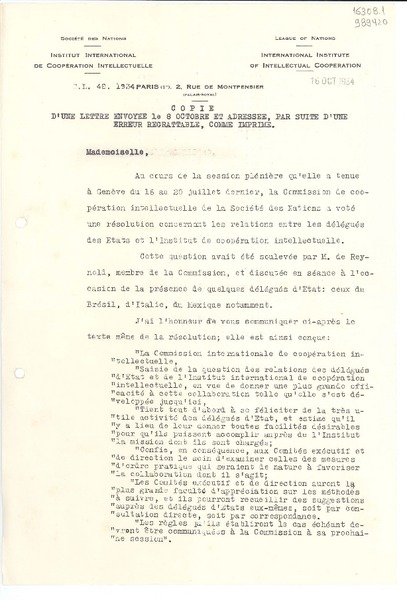 [Carta] 1934 oct. 16, Paris, [Francia] [a] Mademoiselle Gabriela Mistral, Consul du Chili á Madrid, Consulat du Chili, Madrid