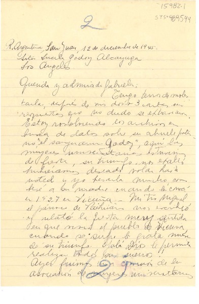 [Carta] 1945 dic. 12, San Juan, Argentina [a] Lucila Godoy, Los Angeles, [Estados Unidos]