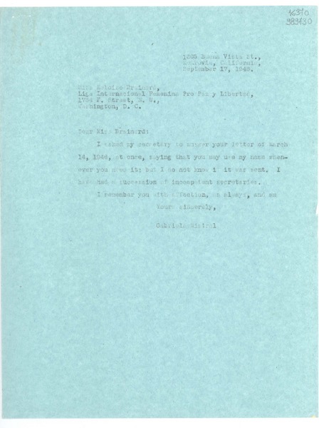 [Carta] 1946 Sept. 17, Monrovia, California, [Estados Unidos] [a] Miss Heloise Brainerd, Liga Internacional Femenina Pro Paz y Libertad, Washington D. C.