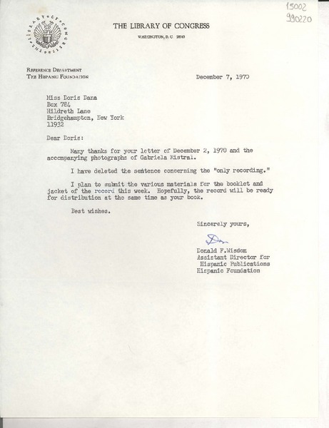 [Carta] 1970 Dec. 7, [Washington D. C., Estados Unidos] [a] Miss Doris Dana, Box 784, Hildreth Lane, Bridgehampton, New York