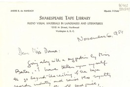[Carta] 1954 Nov. 6, Washington D. C., [Estados Unidos] [a] Dear Miss Dana