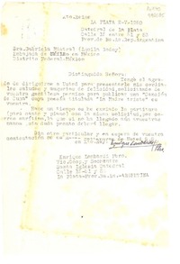 [Carta] 1950 mayo 2, La Plata, Catedral de La Plata, Calle 15 entre 51 y 52, Prov. de Bs. As. Rep. Argentina [a la] Sra. Gabriela Mistral (Lucila Godoy), Embajada en México, Distrito Federal, México