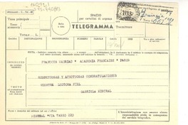 [Telegrama] 1952 nov. 10, Napoli, [Italia] [a] Francois Mauriac, Academia Francaise, Paris, [Francia]