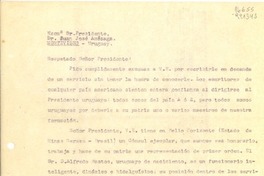 [Carta] 1943 mayo 28, Petrópolis, [Brasil] [al] Excmo. Sr. Presidente, Dr. Juan José Amézaga, Montevideo, Uruguay