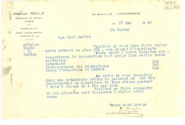 [Carta] 1929 mai 27, Aix en Provence, [Francia] [a] Mon Cher Maitre