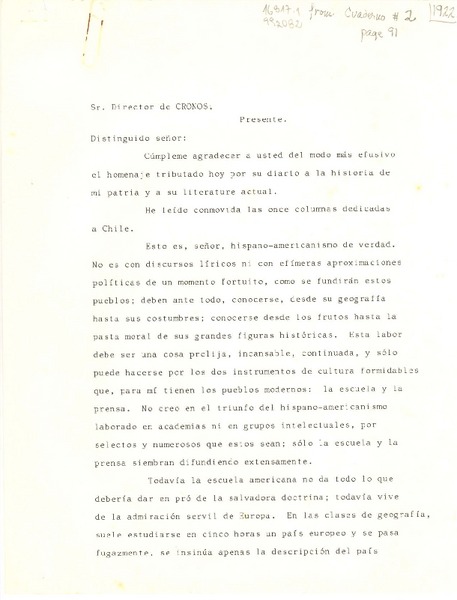 [Carta] 1922 sept. 18, México [al] Sr. Director de Cronos
