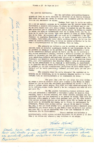 [Carta] 1953 mayo 17, Vicuña, [Chile] [a la] Muy querida Gabrielita [Mistral]