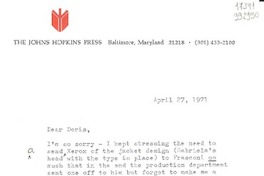 [Carta] 1971 Apr. 27, [Baltimore, Maryland, Estados Unidos] [a] Dear Doris
