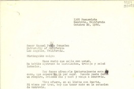 [Carta] 1946 oct. 20, Monrovia, California [a] Señor Manuel Pedro González, University of California, Los Angeles, California
