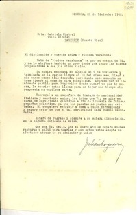 [Carta] 1932 dic. 21, Ginebra, [Suiza] [a] Srta. Gabriela Mistral, Villa Mirabel, Santurce, Puerto Rico
