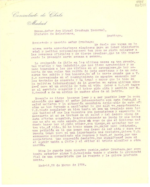 [Carta] 1934 mar. 28, Madrid, [España] [a] Excmo. Señor don Miguel Cruchaga Tocornal, Ministro de Relaciones Exteriores, Santiago