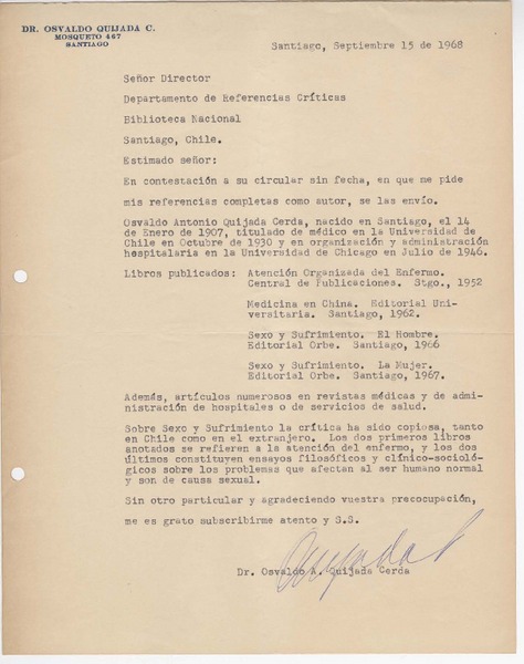 [Carta] 1968 septiembre 15, Santiago, Chile [a] Biblioteca Nacional de Chile