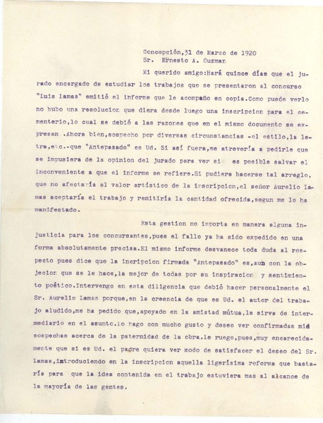 [Carta] 1920 mar. 31, Concepción, Chile [a] Ernesto A. Guzmán