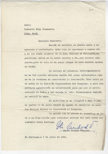 [Carta] 1951 jul. 5, Lima, Perú [a] Mario Ciudad Vásquez