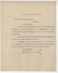 [Carta] 1915 abr. 9, Santiago, Chile [a] Guillermo Labarca Hubertson