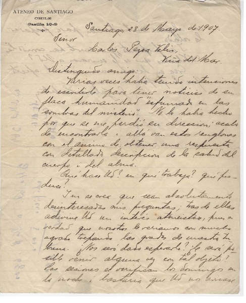 [Carta] 1907 may. 28, Santiago, Chile [a] Carlos Pezoa Véliz