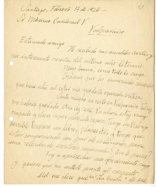 [Carta] 1926 febrero 13, Santiago, Chile [a] Máximo Cardemil
