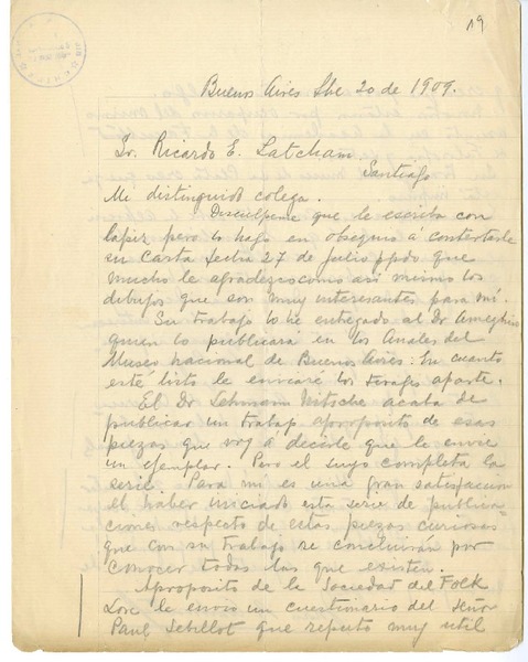[Carta] 1909 septiembre 20, Buenos Aires, Argentina [a] Ricardo E. Latcham.