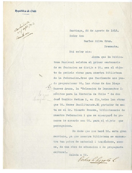 [Carta] 1913 agosto 26, Santiago, Chile [a] Carlos Silva Cruz