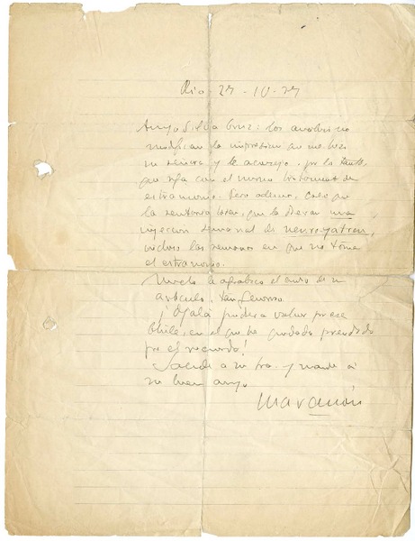 [Carta] 1929 octubre 29, Río de Janeiro, Brasil [a] Carlos Silva Cruz