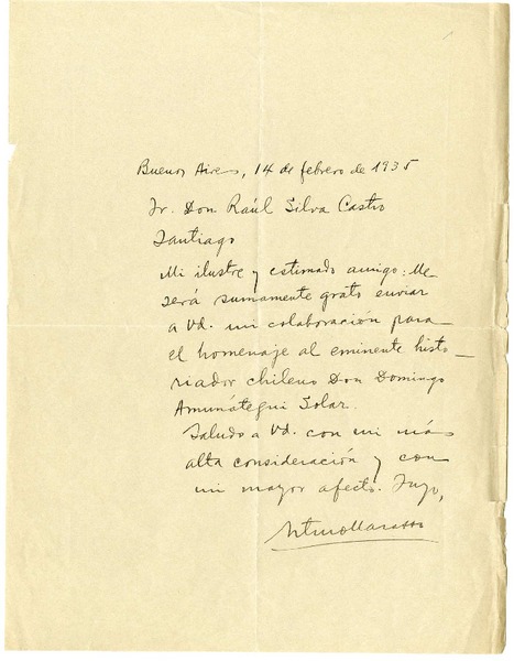 [Carta] 1935 febrero 14, Buenos Aires, Argentina [a] Raúl Silva Castro