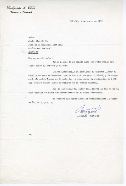 [Carta] 1972 enero 3, Caracas, Venezuela [a] Justo Alarcón