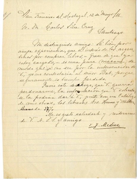 [Carta] 1916 mayo 12, San Francisco de Mostazal, Chile [a] Carlos Silva Cruz