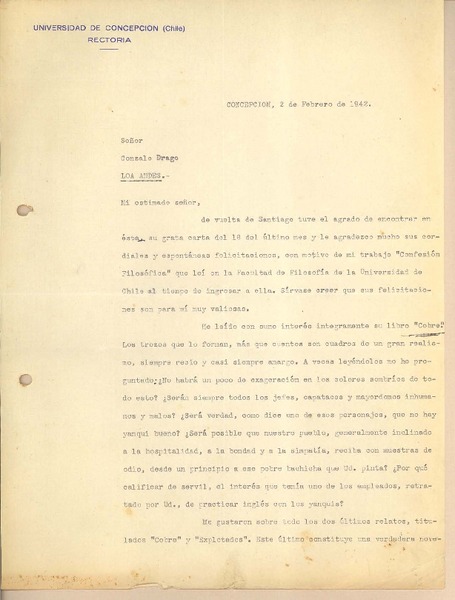 [Carta] 1942 feb. 2, Concepción, Chile [a] Gonzalo Drago