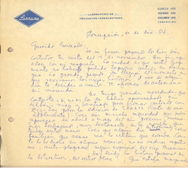 [Carta] 1954 dic. 11, Concepción, Chile [a] Gonzalo Drago
