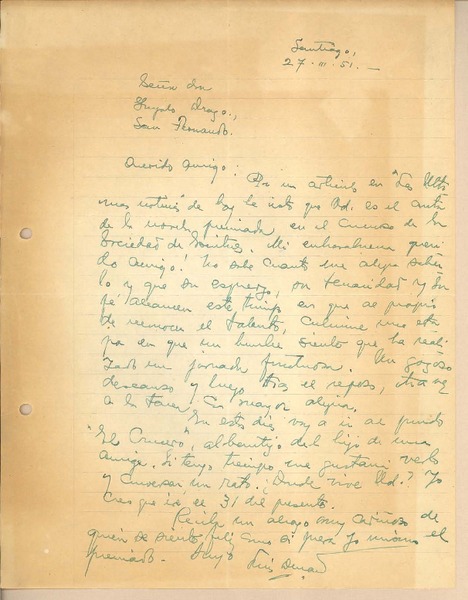 [Carta] 1951 mar. 27, Santiago, Chile [a] Gonzalo Drago