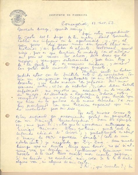 [Carta] 1953 nov. 13, Concepción, Chile [a] Gonzalo Drago