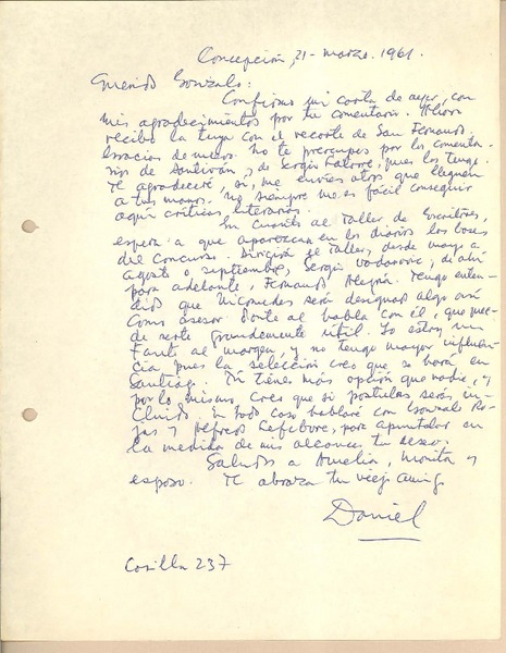 [Carta] 1961 mar. 21, Concepción, Chile [a] Gonzalo Drago