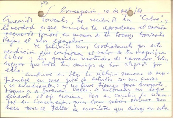 [Tarjeta] 1960 oct. 10, Concepción, Chile [a] Gonzalo Drago