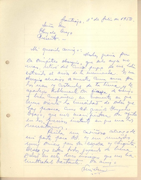 [Carta] 1952 jul. 1, Santiago, Chile [a] Gonzalo Drago