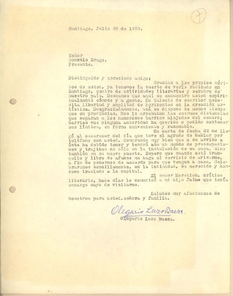 [Carta] 1959 jul. 29, Santiago, Chile [a] Gonzalo Drago