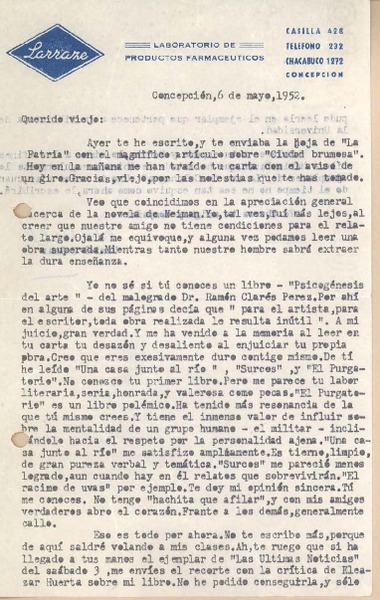 [Carta] 1952 may. 6, Concepción, Chile [a] Gonzalo Drago