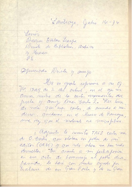 [Carta] 1974 jul. 14, Santiago, Chile [a] Roque Esteban Scarpa