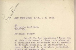 [Carta] 1952 julio 4, San Fernando, Chile [a] Fernando Santiván