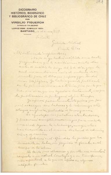 [Carta] 1933 ene. 10, Santiago, [Chile] [a] Gabriela Mistral, Puerto Rico