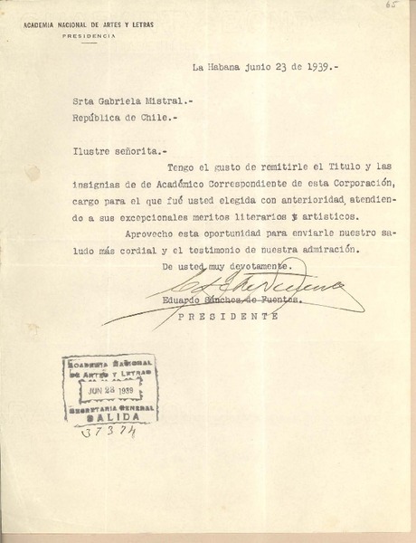 [Carta] 1939 jun. 23, La Habana, [Cuba] [a] Gabriela Mistral, República de Chile