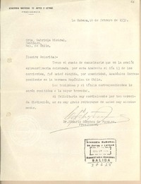 [Carta] 1939 feb. 16, La Habana, [Cuba] [a] Gabriela Mistral, Santiago, República de Chile