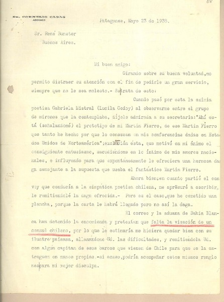 [Carta] 1938 mayo 23, Patagones, [Argentina] [a] René Bunster, Buenos Aires, [Argentina]