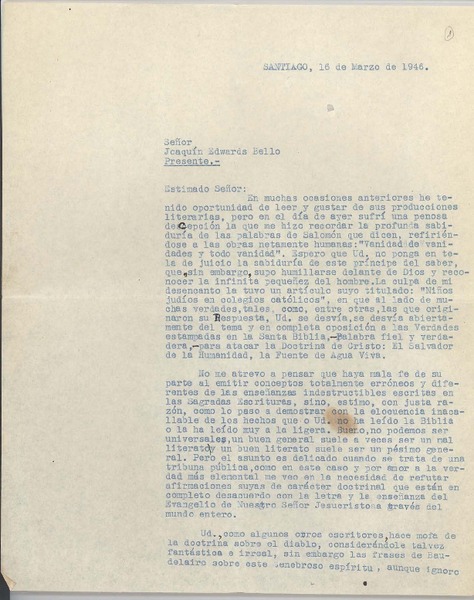 [Carta] 1946 mar. 16 Santiago, Chile [a] Joaquín Edwards Bello