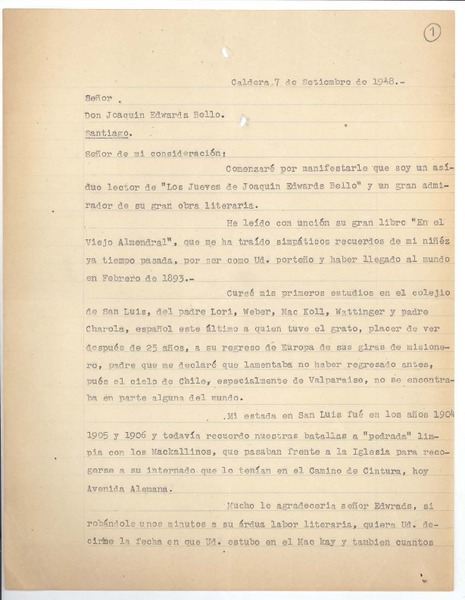 [Carta] 1948 sep. 7, Caldera, Chile [a] Joaquín Edwards Bello