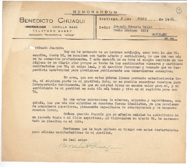 [Carta] 1951 jul. 6, Santiago, Chile [a] Joaquín Edwards Bello