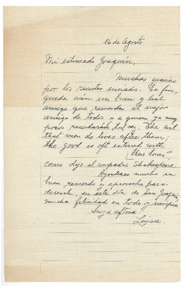 [Carta entre 1950 y 1958] ago. 16, [Santiago, Chile?] [a] Joaquín Edwards Bello