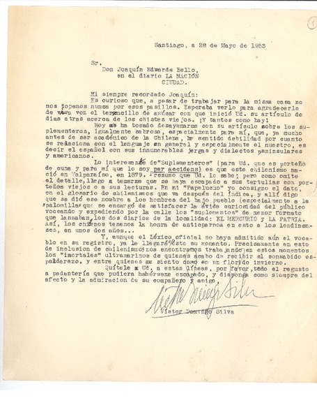 [Carta] 1953 may. 28, Santiago, Chile [a] Joaquín Edwards Bello